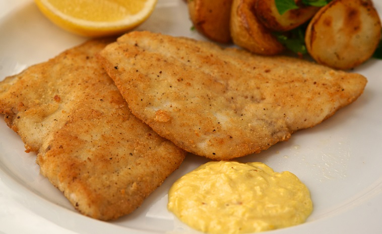 Almond-coated Tarwhine Fillets with New Potatoes & Saffron Garlic Mayo