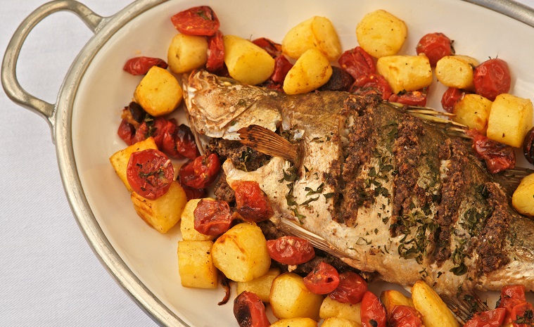 Baked Whole Golden Perch with Olive & Walnut Stuffing