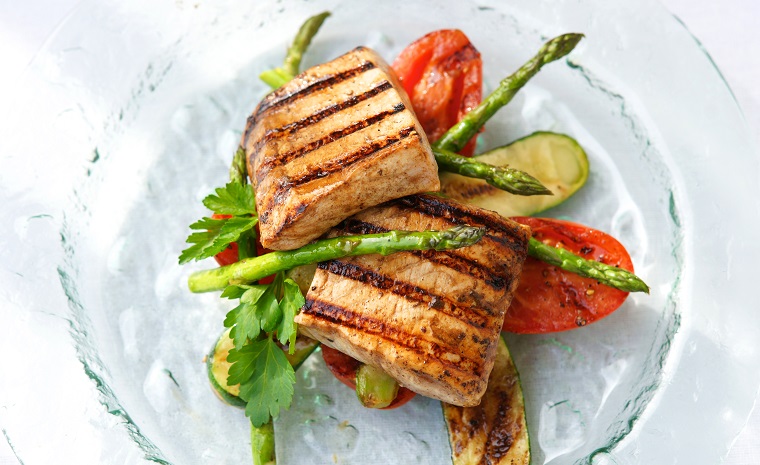 Balsamic-Marinated Swordfish Steaks with Seared Vegetables