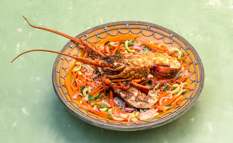 Barbecued Lemongrass Rock lobsters with Cucumber & Carrot Salad
