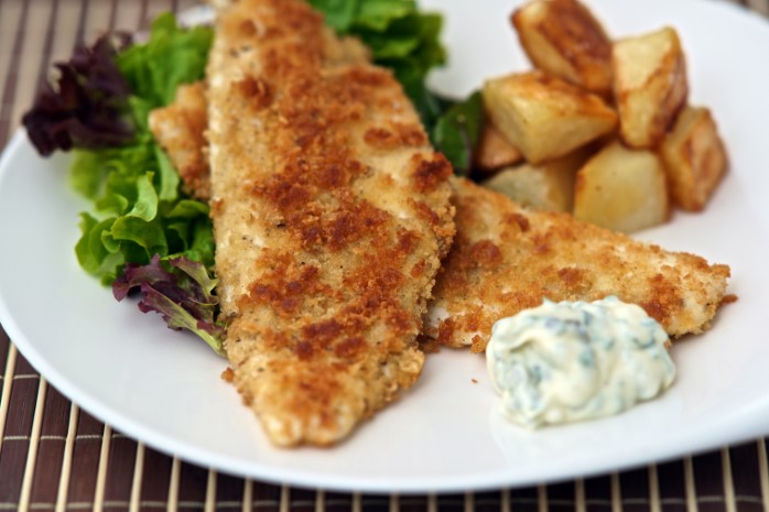Crumbed Pan-Fried King George Whiting with Baked Chips