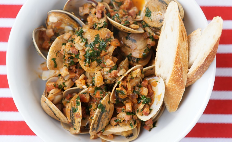 Surf Clams with Onion, Pancetta & Paprika